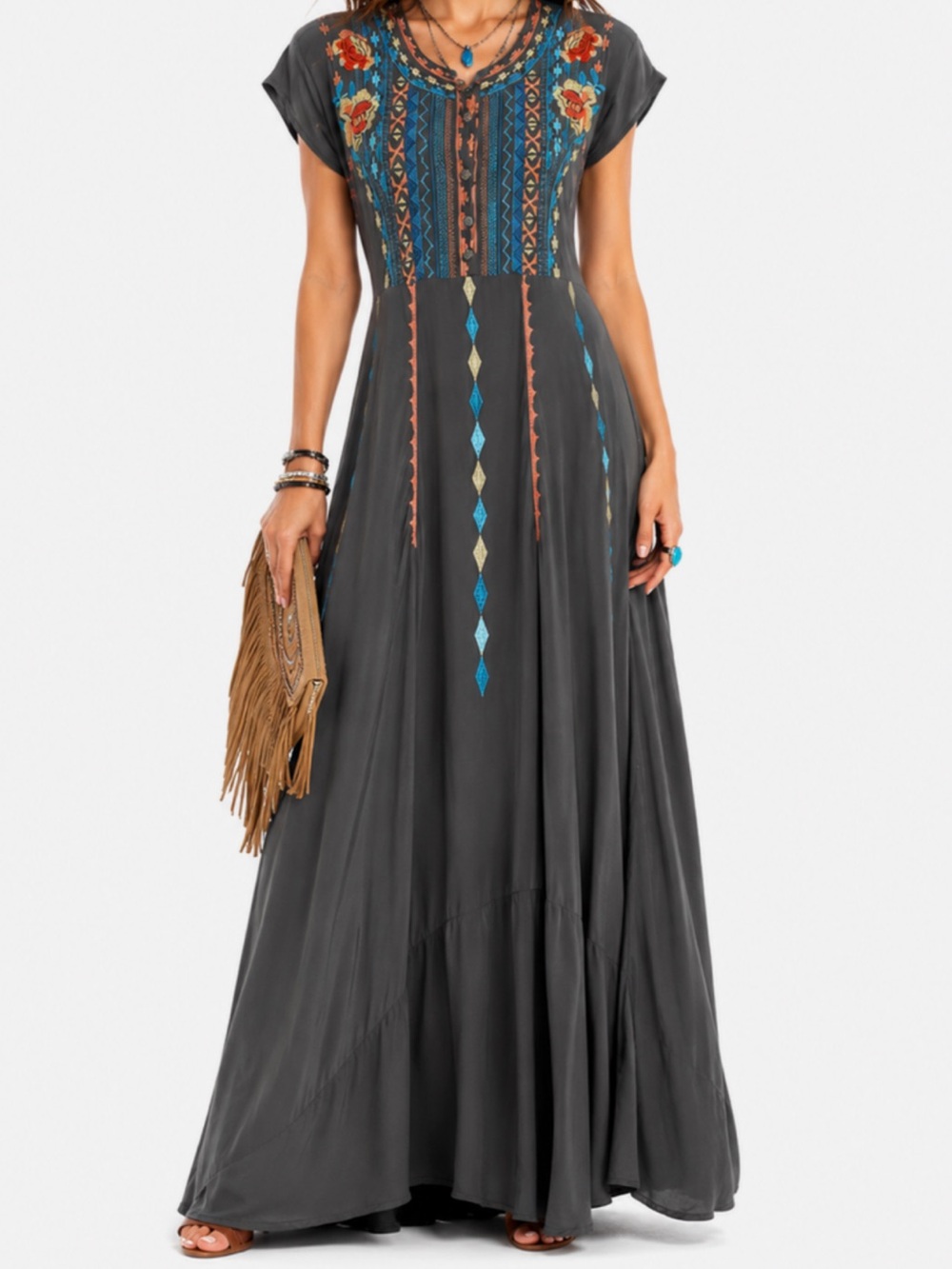 Johnny Was Maxi Embroidered dress cap sleeve  - Gray with Teal & Coral Accents